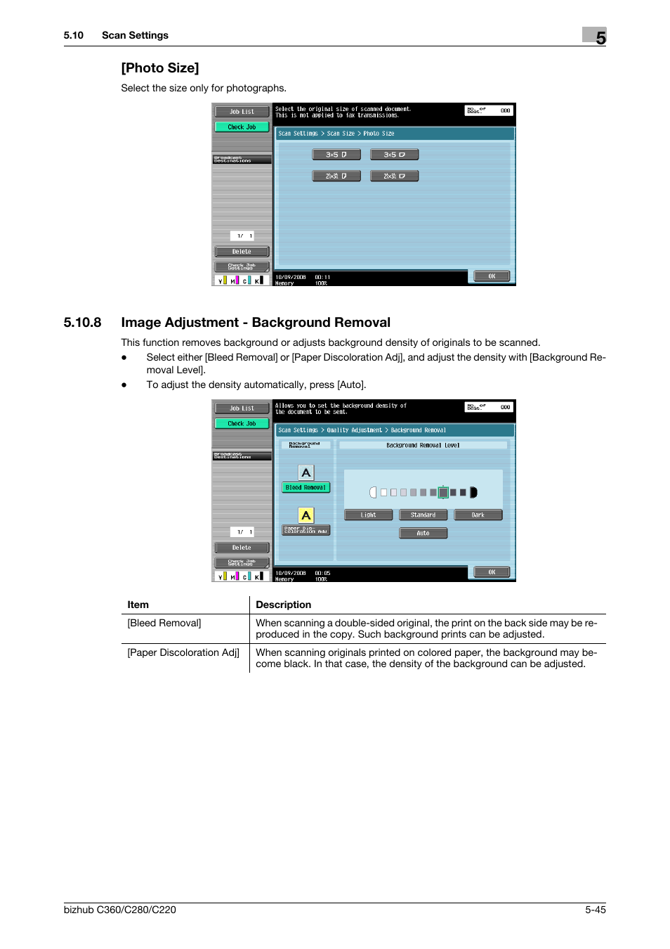 Photo size, 8 image adjustment - background removal, Photo size] -45 | Image adjustment - background removal -45, Round removal] (p. 5-45) | Konica Minolta BIZHUB C360 User Manual | Page 96 / 299