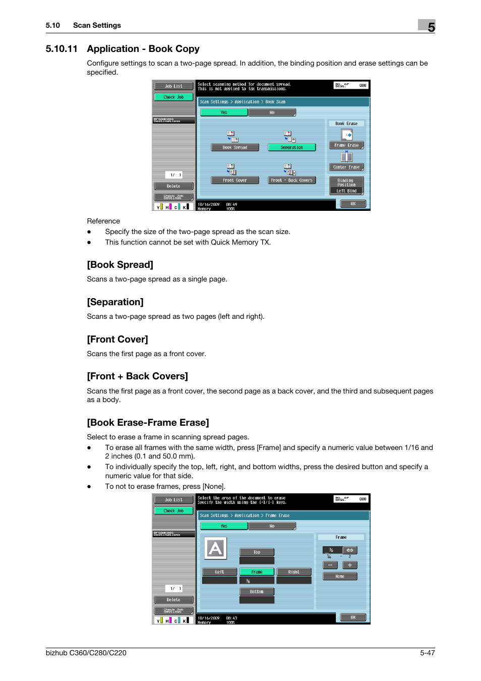 11 application - book copy, Book spread, Separation | Front cover, Front + back covers, Book erase-frame erase, Book copy] (p. 5-47) | Konica Minolta BIZHUB C360 User Manual | Page 98 / 299