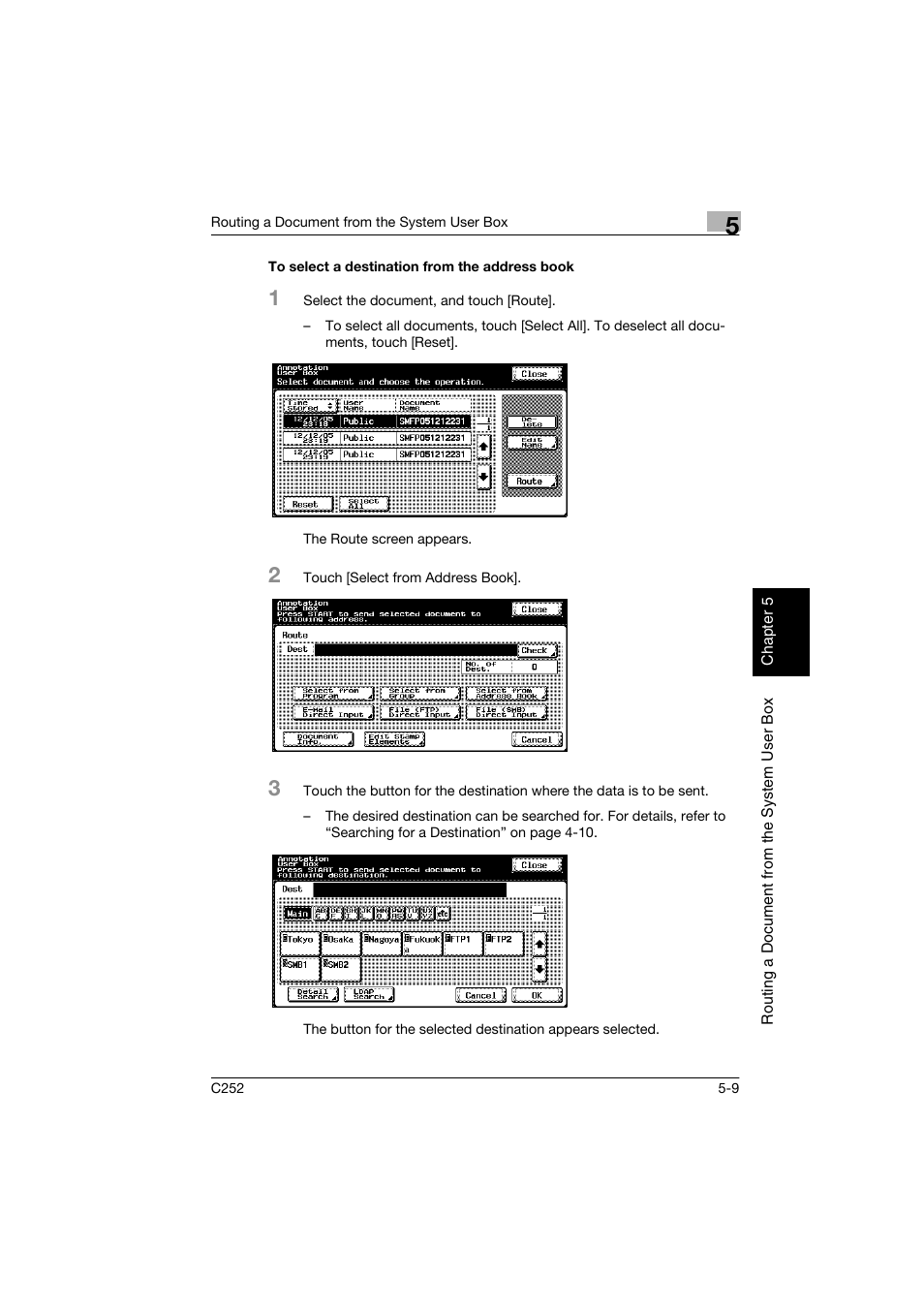 To select a destination from the address book, To select a destination from the address book -9, P. 5-9 | Konica Minolta BIZHUB C252 User Manual | Page 112 / 194