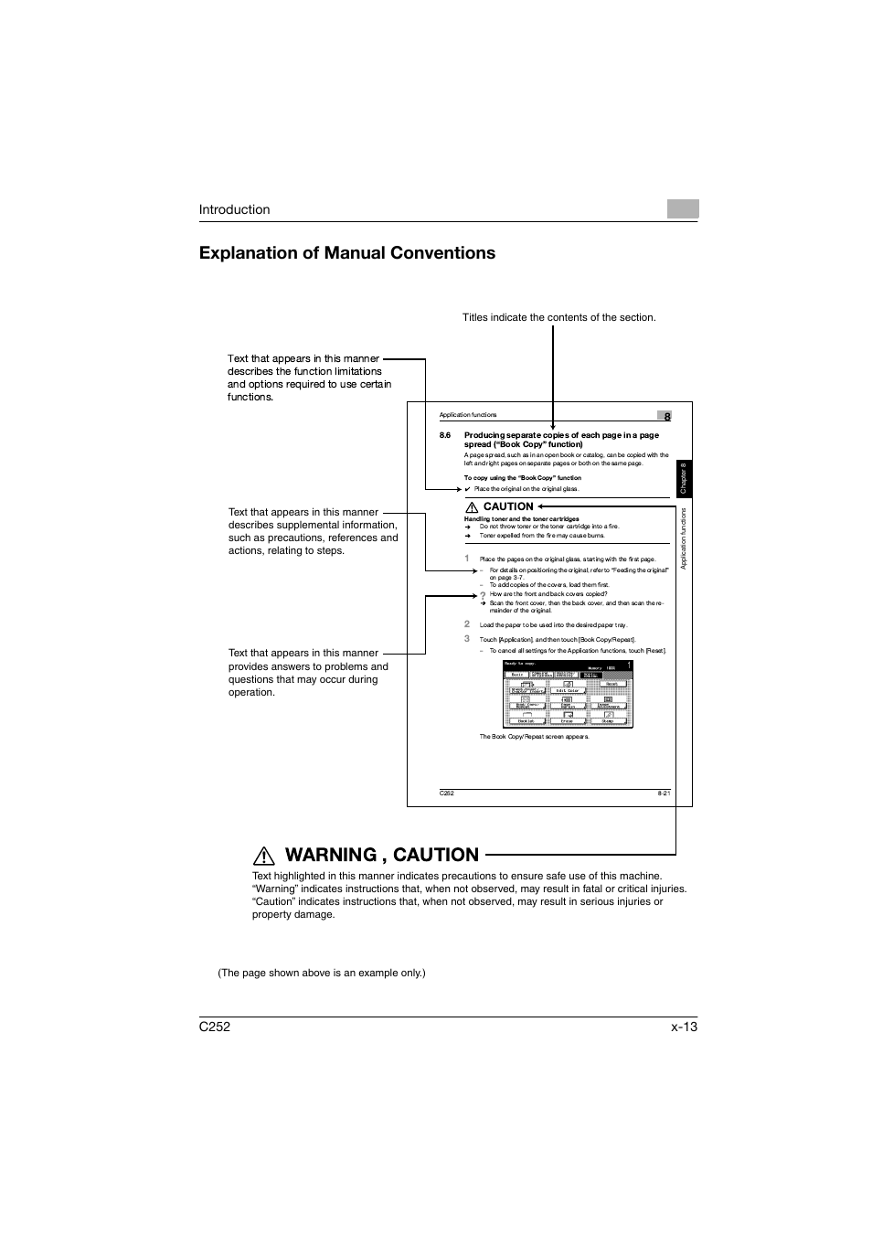 Explanation of manual conventions, Warning , caution | Konica Minolta BIZHUB C252 User Manual | Page 14 / 194