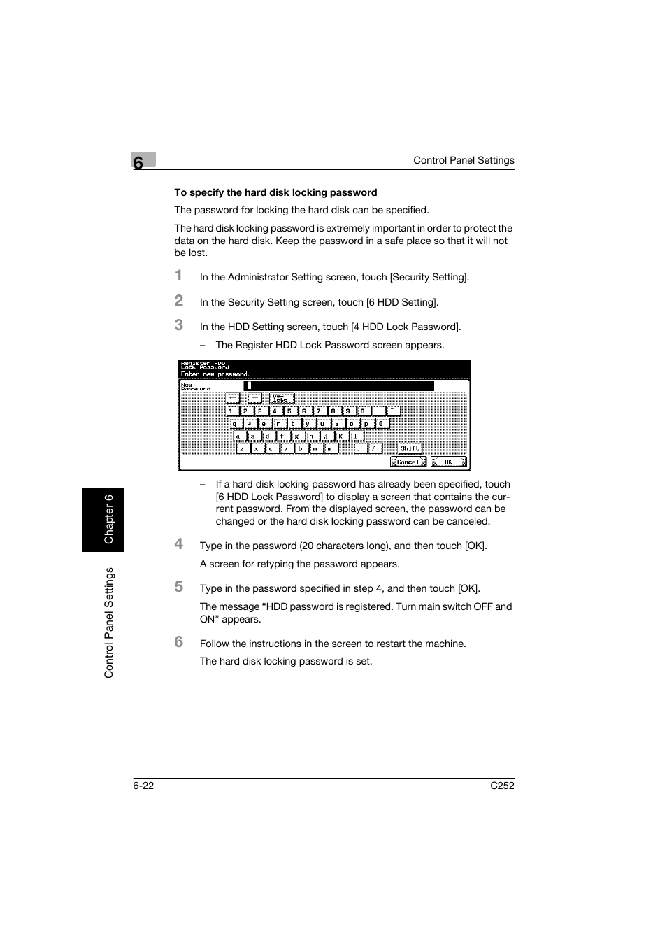 To specify the hard disk locking password, To specify the hard disk locking password -22 | Konica Minolta BIZHUB C252 User Manual | Page 147 / 194