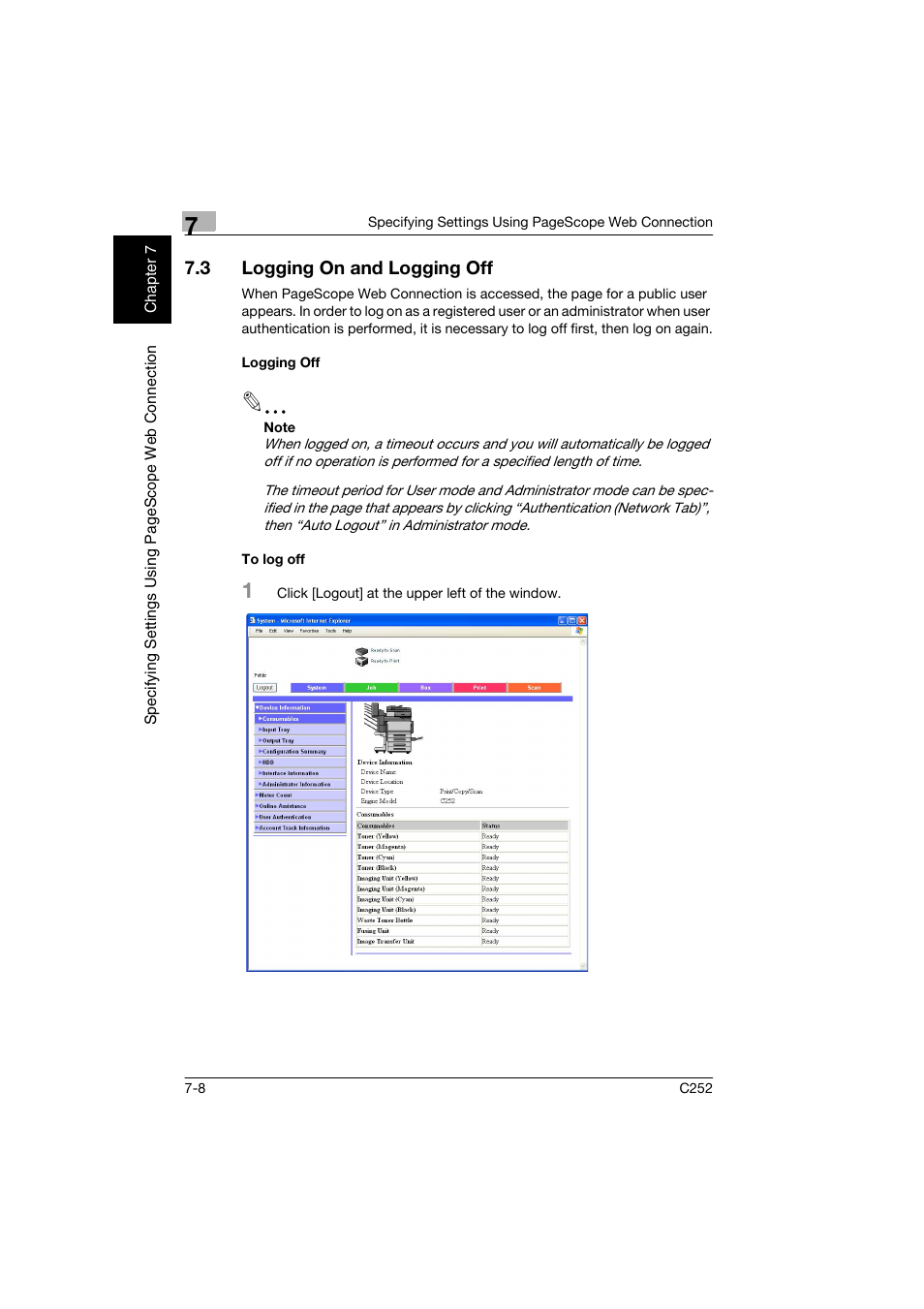 3 logging on and logging off, Logging off, To log off | Logging on and logging off -8, Logging off -8 to log off -8 | Konica Minolta BIZHUB C252 User Manual | Page 161 / 194