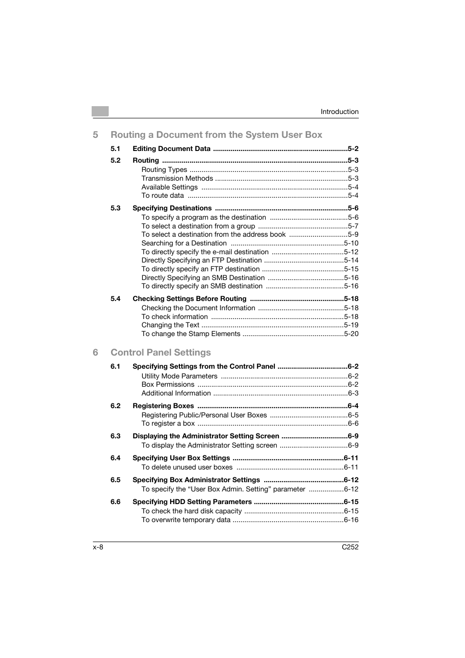 5routing a document from the system user box, 6control panel settings | Konica Minolta BIZHUB C252 User Manual | Page 9 / 194