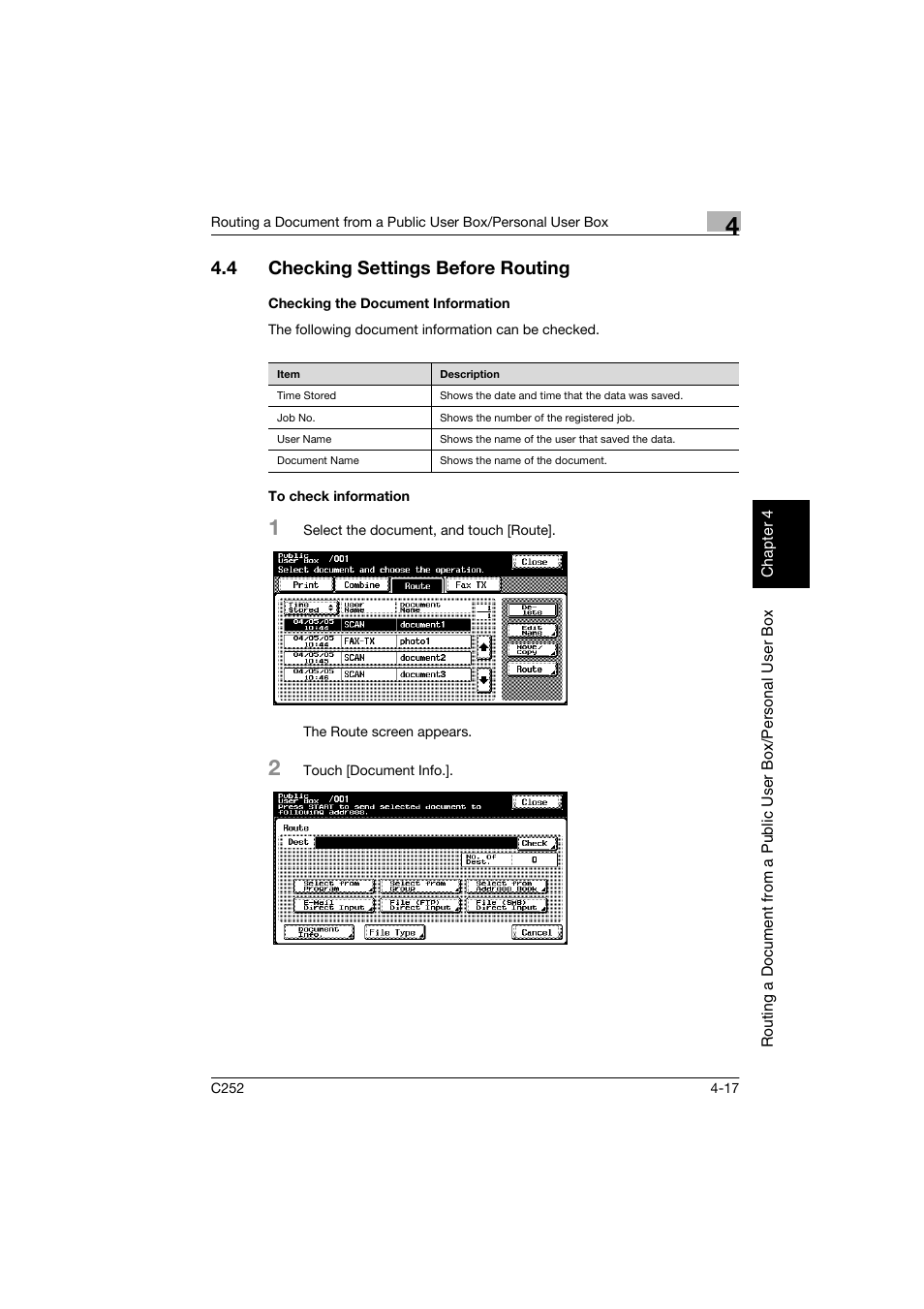 4 checking settings before routing, Checking the document information, To check information | Checking settings before routing -17 | Konica Minolta BIZHUB C252 User Manual | Page 98 / 194