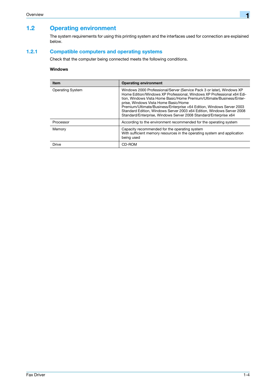 2 operating environment, 1 compatible computers and operating systems, Windows | Operating environment -4 | Konica Minolta bizhub C200 User Manual | Page 10 / 59