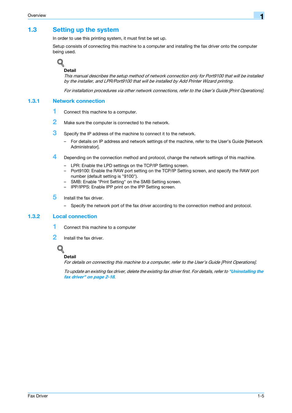 3 setting up the system, 1 network connection, 2 local connection | Setting up the system -5, Network connection -5, Local connection -5 | Konica Minolta bizhub C200 User Manual | Page 11 / 59