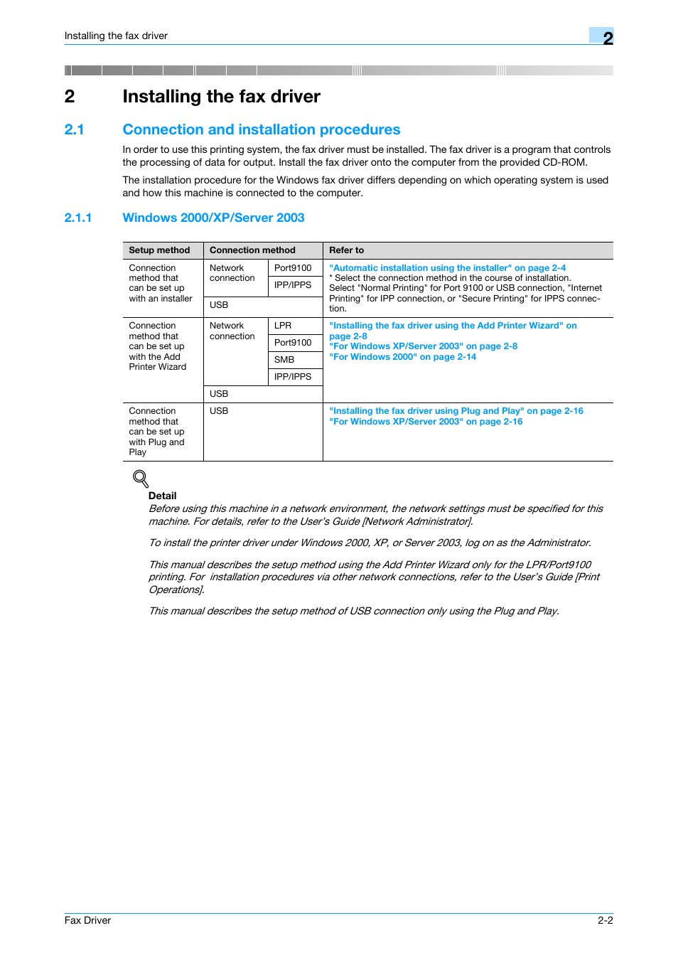 2 installing the fax driver, 1 connection and installation procedures, 1 windows 2000/xp/server 2003 | Installing the fax driver, Connection and installation procedures -2, Windows 2000/xp/server 2003 -2, 2installing the fax driver | Konica Minolta bizhub C200 User Manual | Page 13 / 59