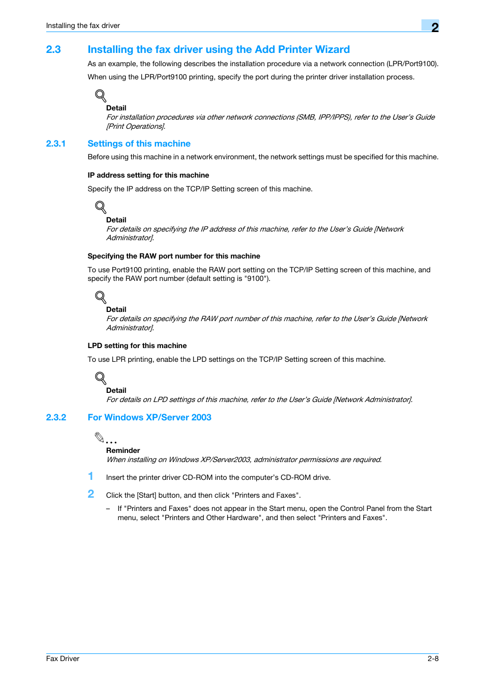 1 settings of this machine, Ip address setting for this machine, Specifying the raw port number for this machine | Lpd setting for this machine, 2 for windows xp/server 2003, For windows xp/server 2003 -8 | Konica Minolta bizhub C200 User Manual | Page 19 / 59