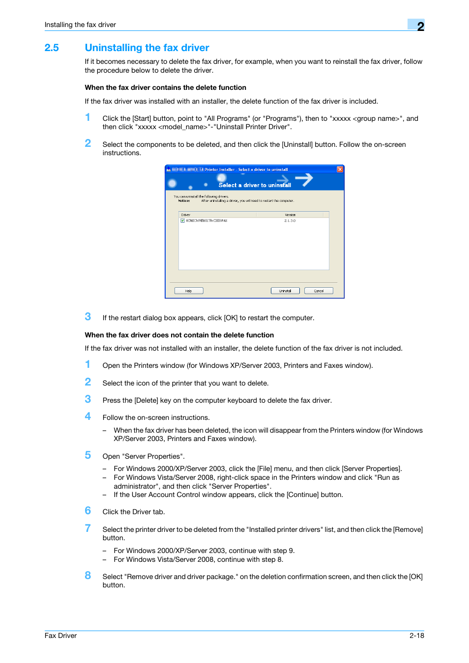 5 uninstalling the fax driver, When the fax driver contains the delete function | Konica Minolta bizhub C200 User Manual | Page 29 / 59