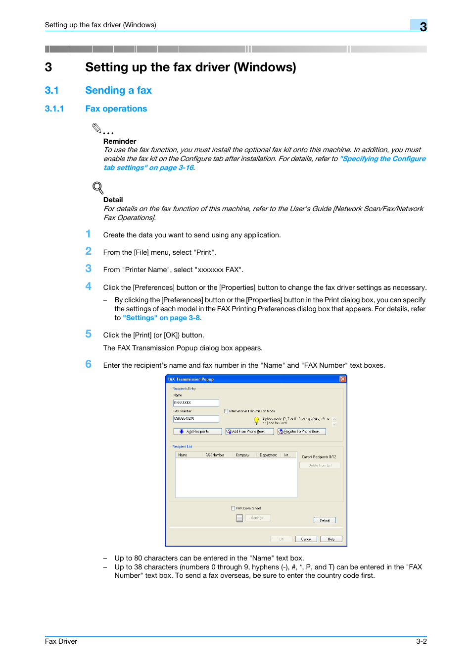 3 setting up the fax driver (windows), 1 sending a fax, 1 fax operations | Setting up the fax driver (windows), Sending a fax -2, Fax operations -2, 3setting up the fax driver (windows) | Konica Minolta bizhub C200 User Manual | Page 32 / 59