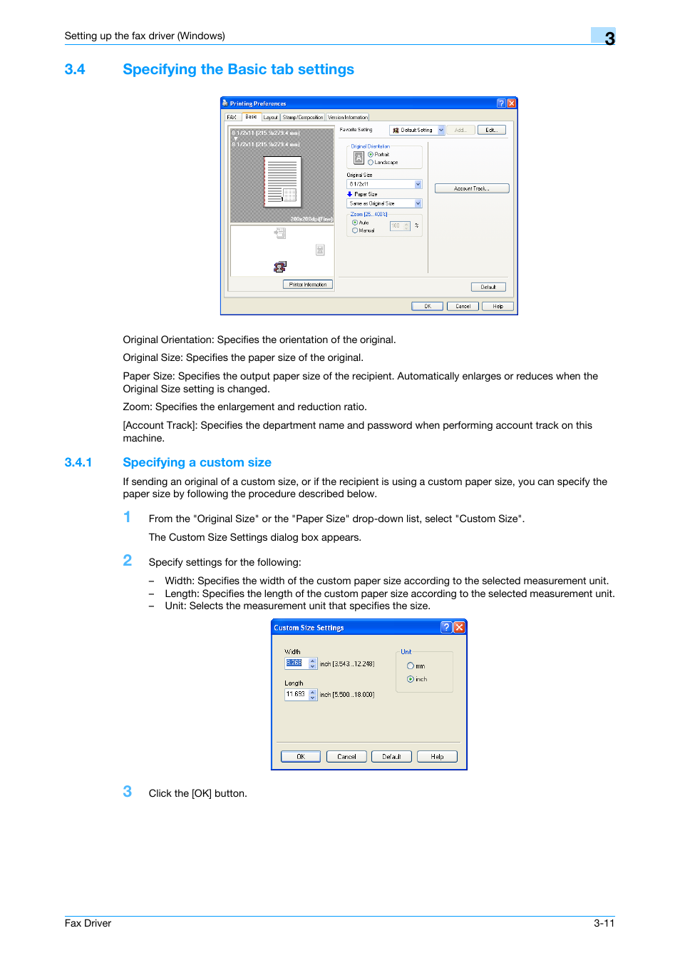 4 specifying the basic tab settings, 1 specifying a custom size, Specifying the basic tab settings -11 | Specifying a custom size -11 | Konica Minolta bizhub C200 User Manual | Page 41 / 59