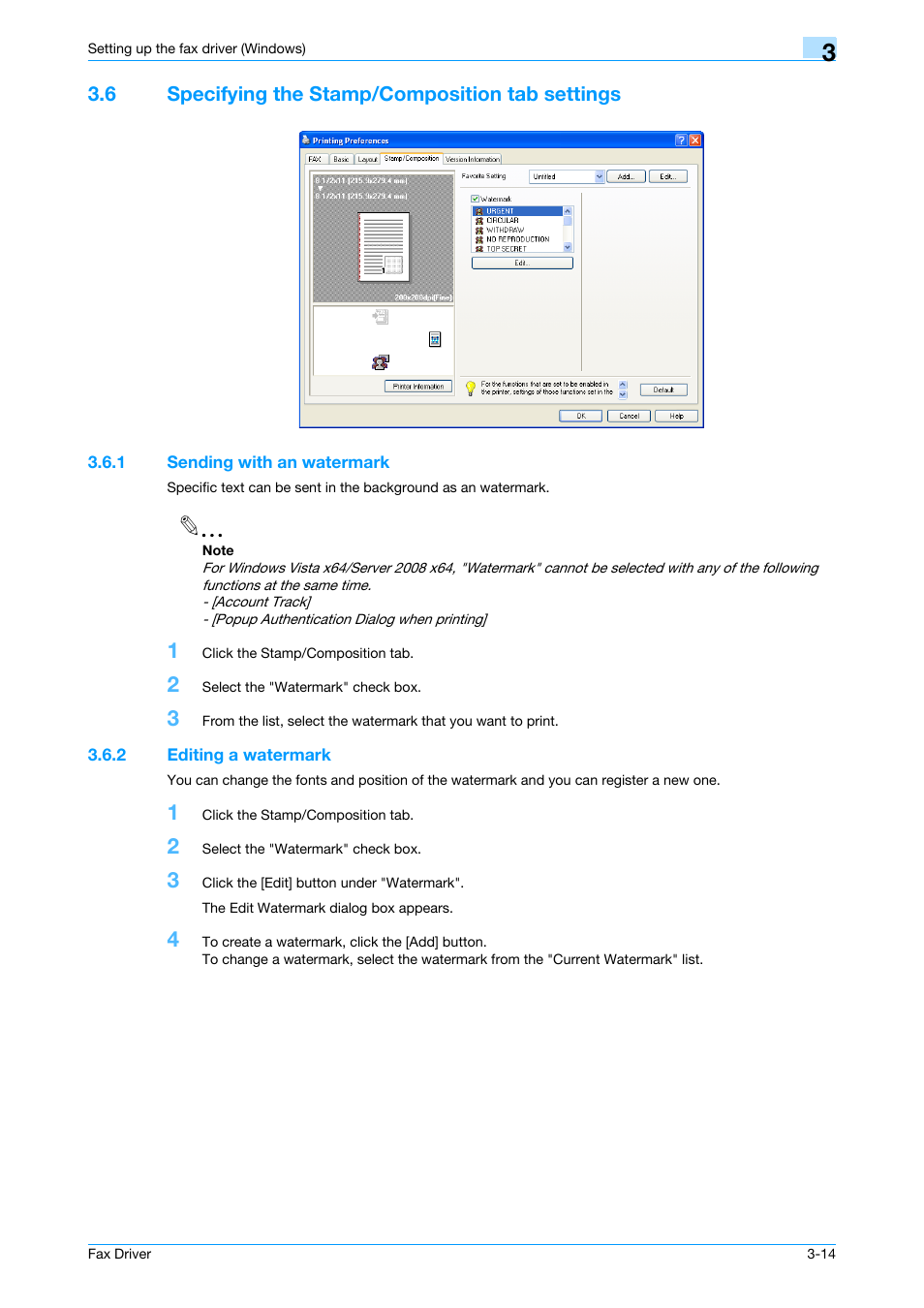6 specifying the stamp/composition tab settings, 1 sending with an watermark, 2 editing a watermark | Specifying the stamp/composition tab settings -14, Sending with an watermark -14, Editing a watermark -14 | Konica Minolta bizhub C200 User Manual | Page 44 / 59