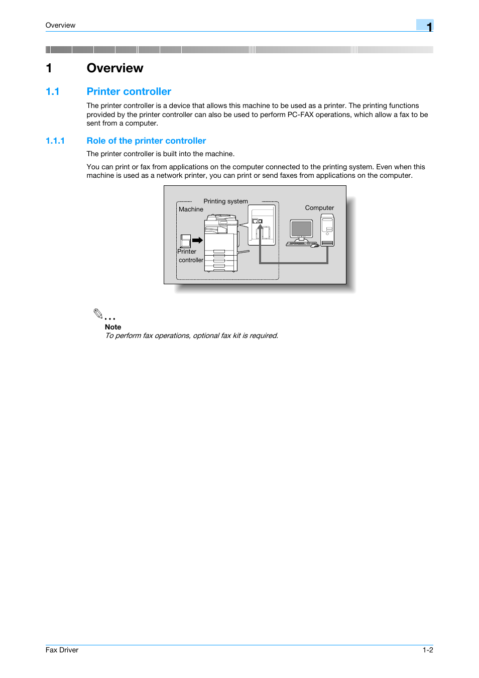 1 overview, 1 printer controller, 1 role of the printer controller | Overview, Printer controller -2, Role of the printer controller -2, 1overview | Konica Minolta bizhub C200 User Manual | Page 8 / 59