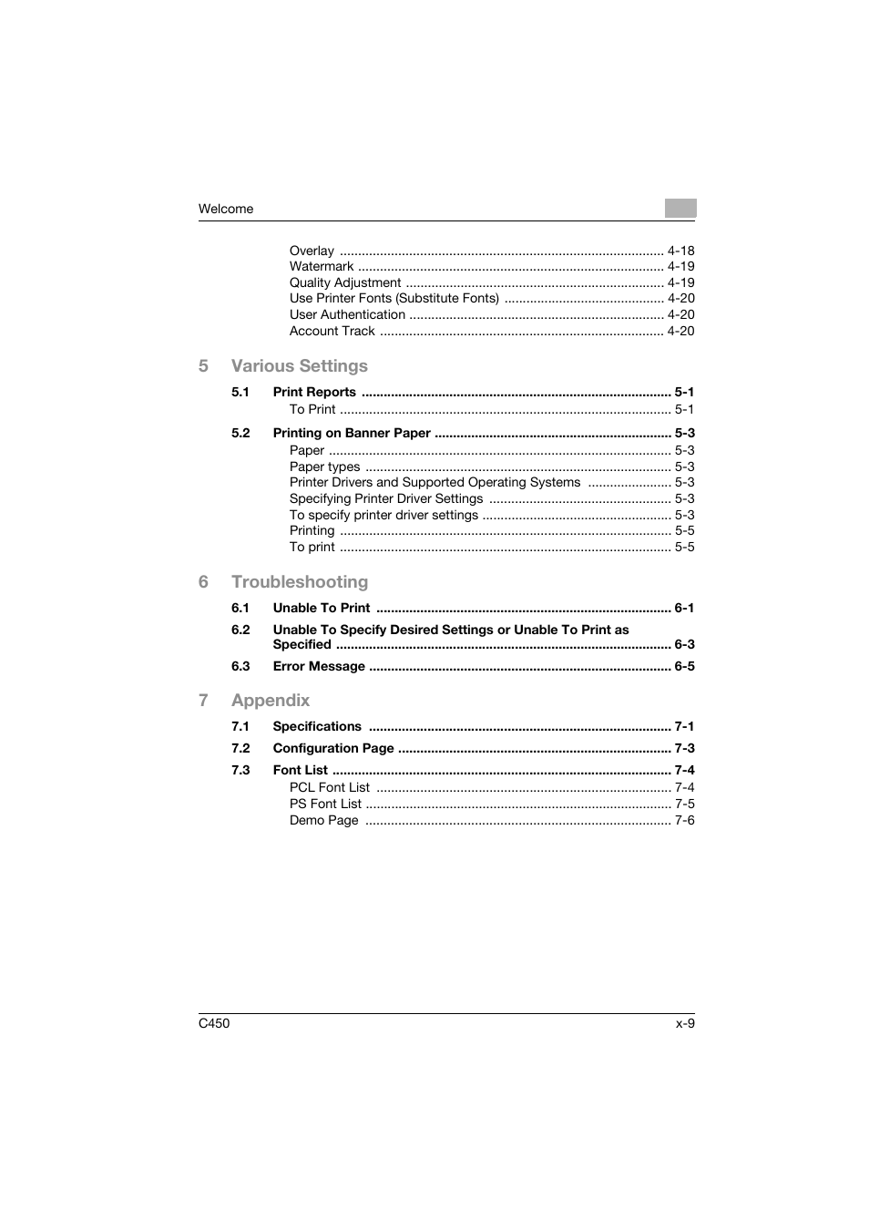 5various settings, 6troubleshooting, 7appendix | Konica Minolta BIZHUB C450 User Manual | Page 10 / 94