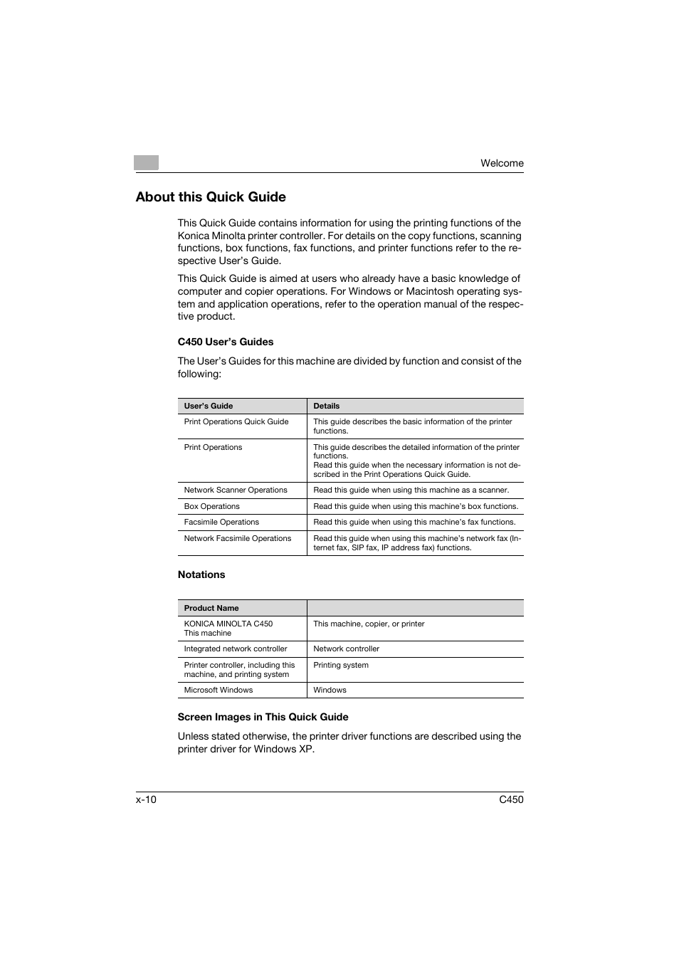 About this quick guide, C450 user’s guides, Notations | Screen images in this quick guide | Konica Minolta BIZHUB C450 User Manual | Page 11 / 94