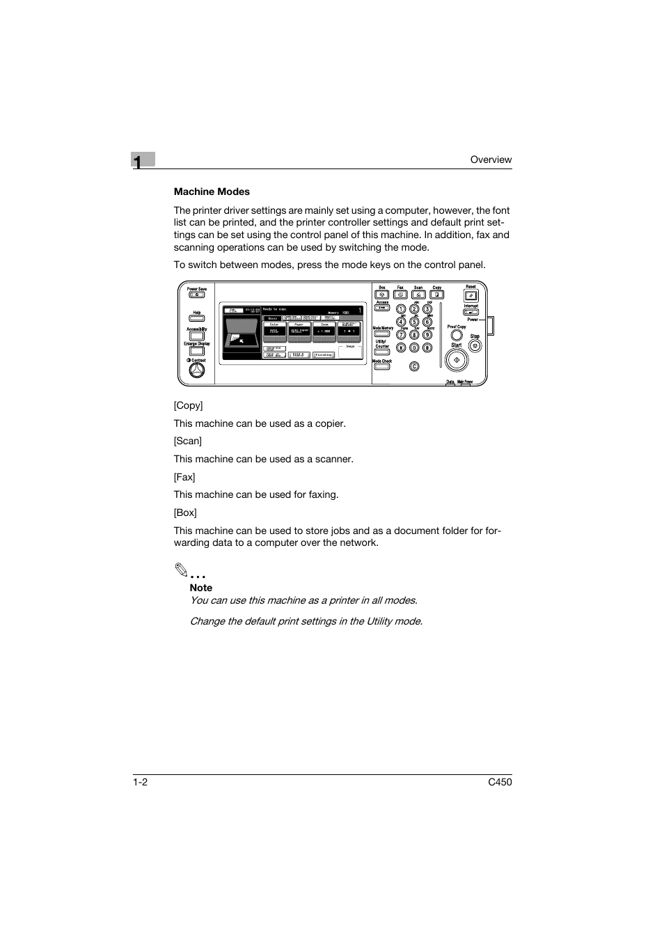 Machine modes, Machine modes -2 | Konica Minolta BIZHUB C450 User Manual | Page 15 / 94