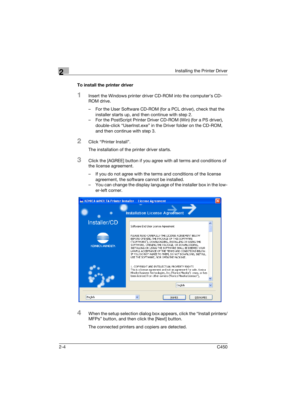 To install the printer driver, To install the printer driver -4 | Konica Minolta BIZHUB C450 User Manual | Page 27 / 94