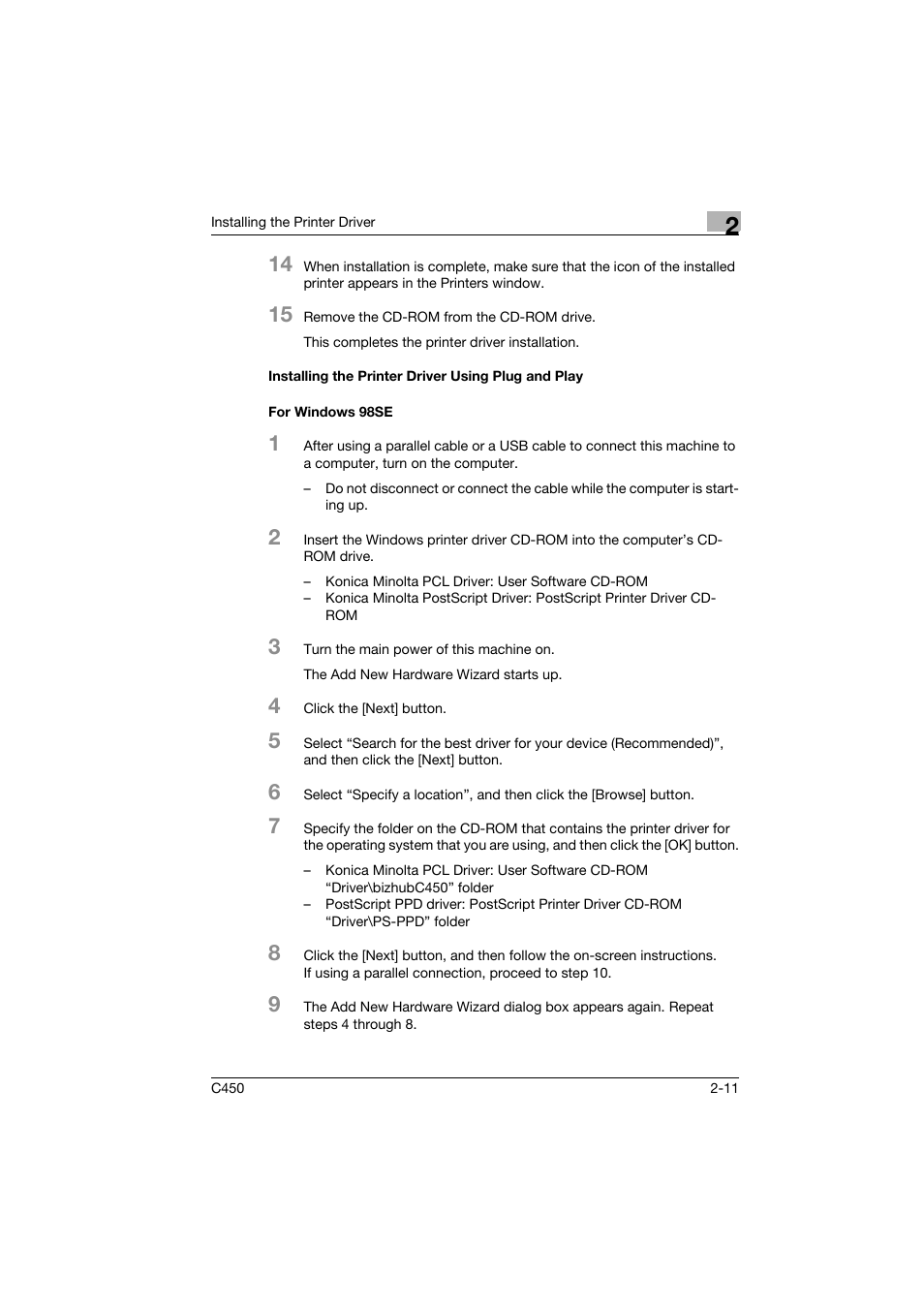 Installing the printer driver using plug and play, For windows 98se | Konica Minolta BIZHUB C450 User Manual | Page 34 / 94