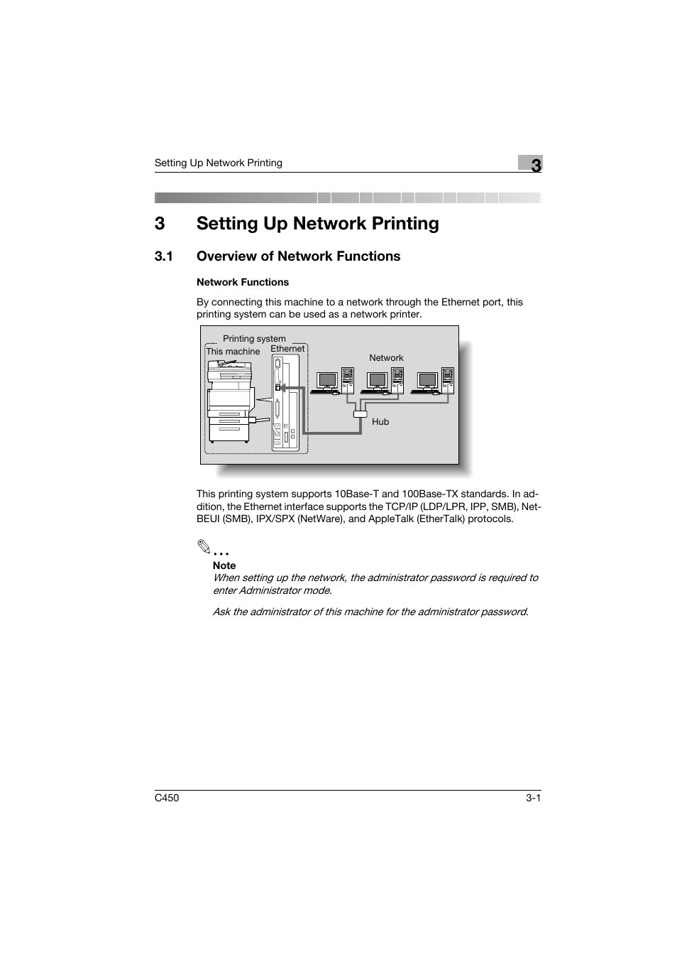 3 setting up network printing, 1 overview of network functions, Network functions | Setting up network printing, Overview of network functions -1, Network functions -1, 3setting up network printing | Konica Minolta BIZHUB C450 User Manual | Page 48 / 94