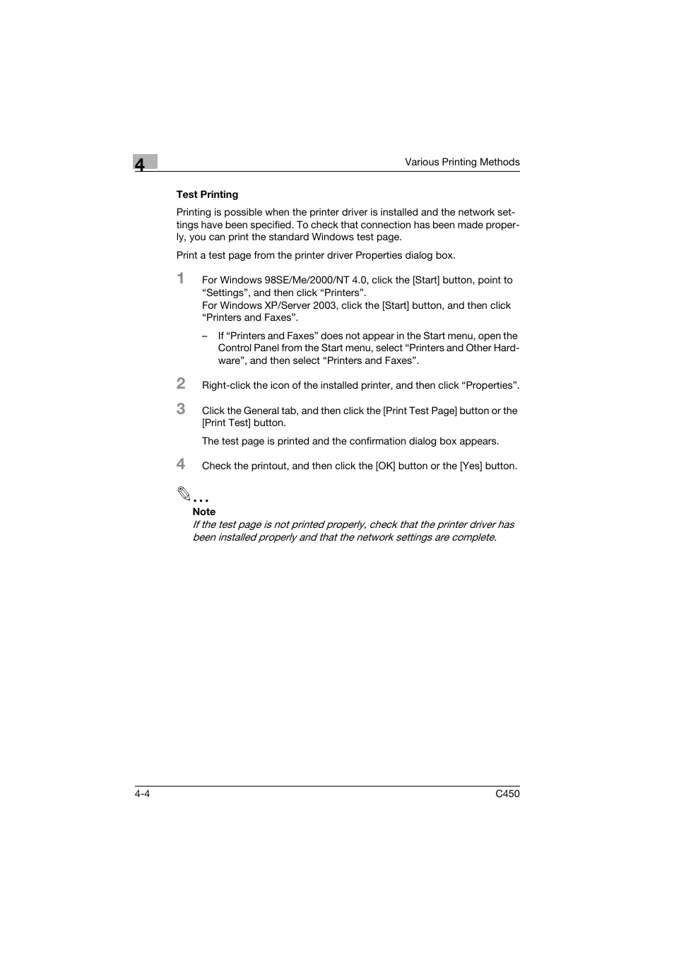 Test printing, Test printing -4 | Konica Minolta BIZHUB C450 User Manual | Page 57 / 94