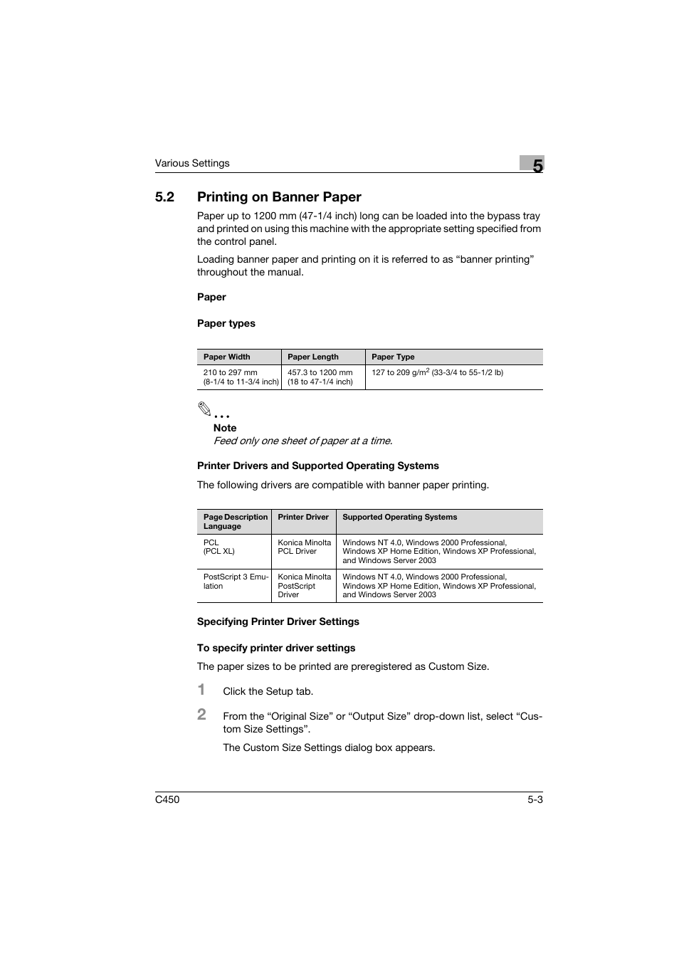 2 printing on banner paper, Paper, Paper types | Printer drivers and supported operating systems, Specifying printer driver settings, To specify printer driver settings, Printing on banner paper -3 | Konica Minolta BIZHUB C450 User Manual | Page 76 / 94