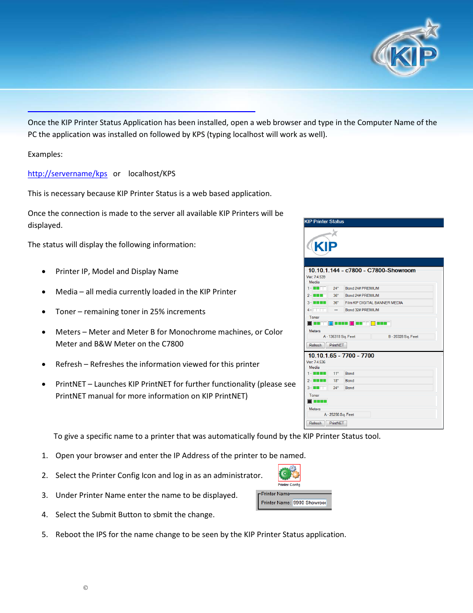 Using the kip printer status application, Kip printer status | Konica Minolta KIP 7900 User Manual | Page 7 / 9
