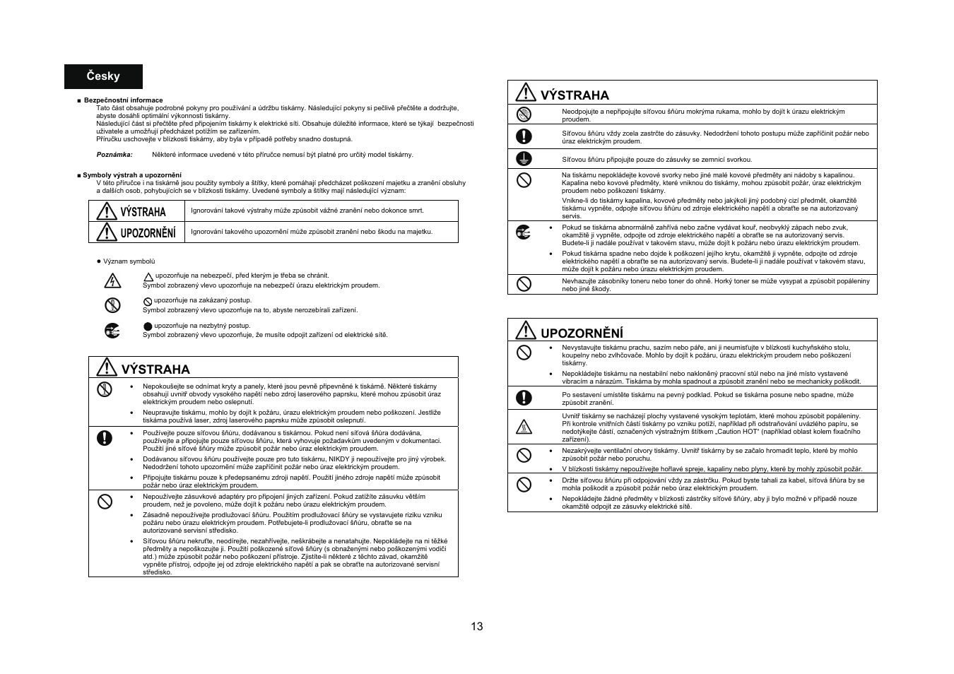 Výstraha, Upozornění, 13 česky | Konica Minolta bizhub C20PX User Manual | Page 14 / 40