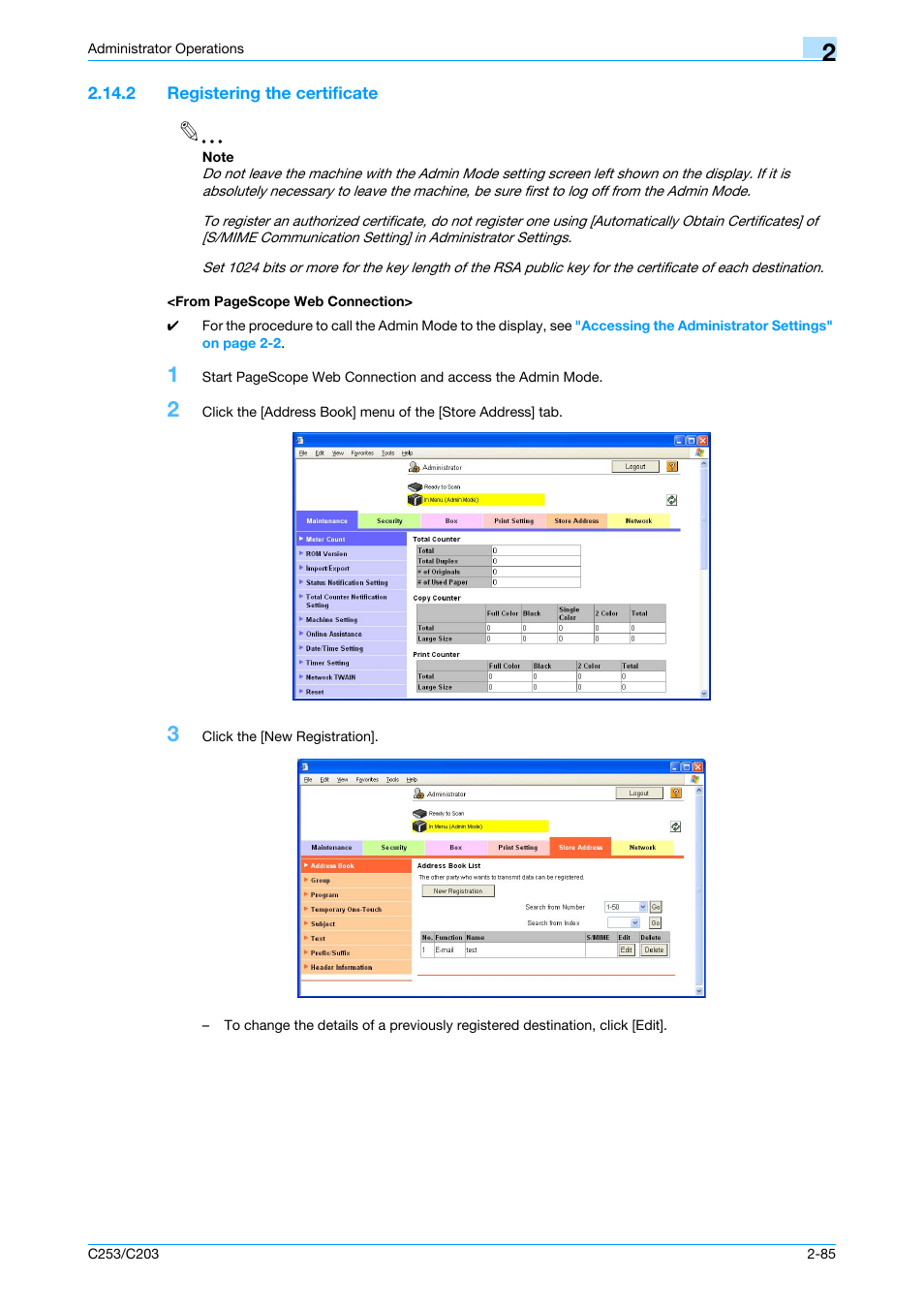 2 registering the certificate, Registering the certificate" on | Konica Minolta BIZHUB C253 User Manual | Page 100 / 186