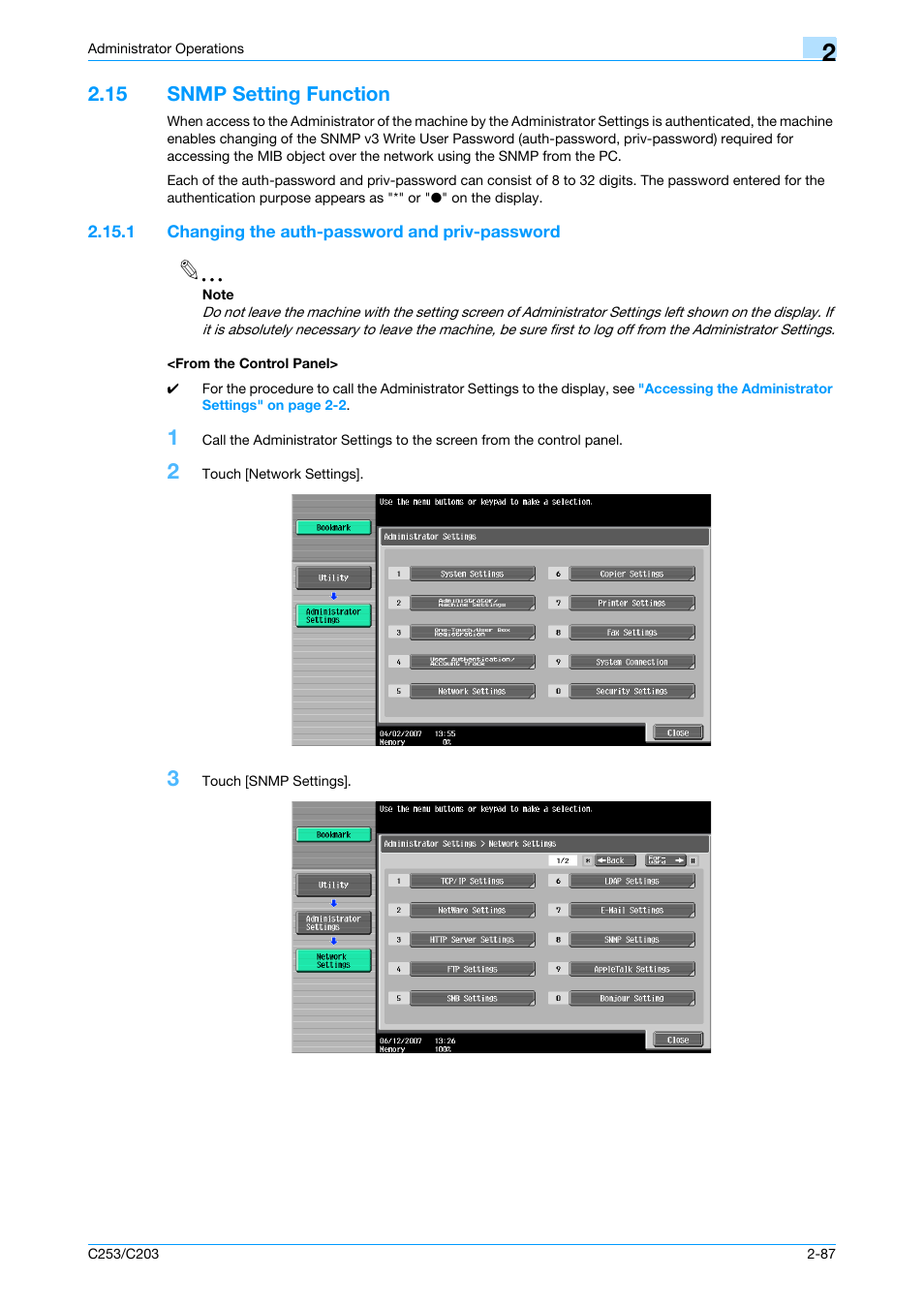 15 snmp setting function, 1 changing the auth-password and priv-password, From the control panel | Snmp setting function -87 | Konica Minolta BIZHUB C253 User Manual | Page 102 / 186