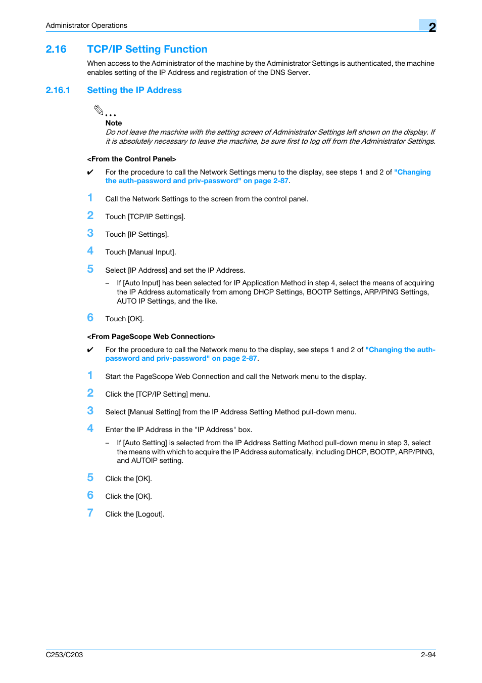 16 tcp/ip setting function, 1 setting the ip address, From the control panel | Tcp/ip setting function -94 | Konica Minolta BIZHUB C253 User Manual | Page 109 / 186