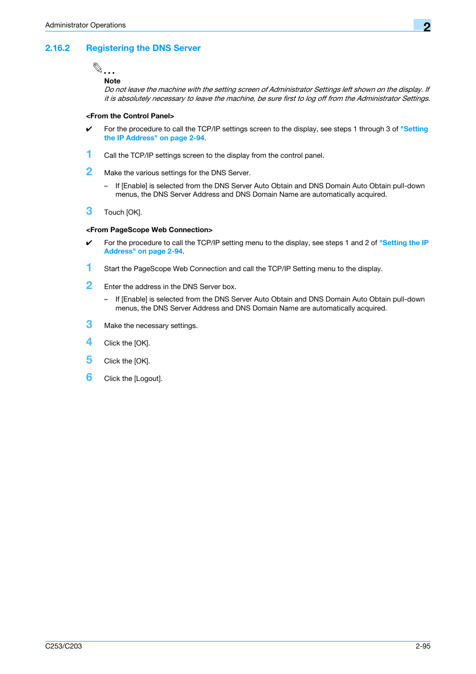 2 registering the dns server, From the control panel | Konica Minolta BIZHUB C253 User Manual | Page 110 / 186