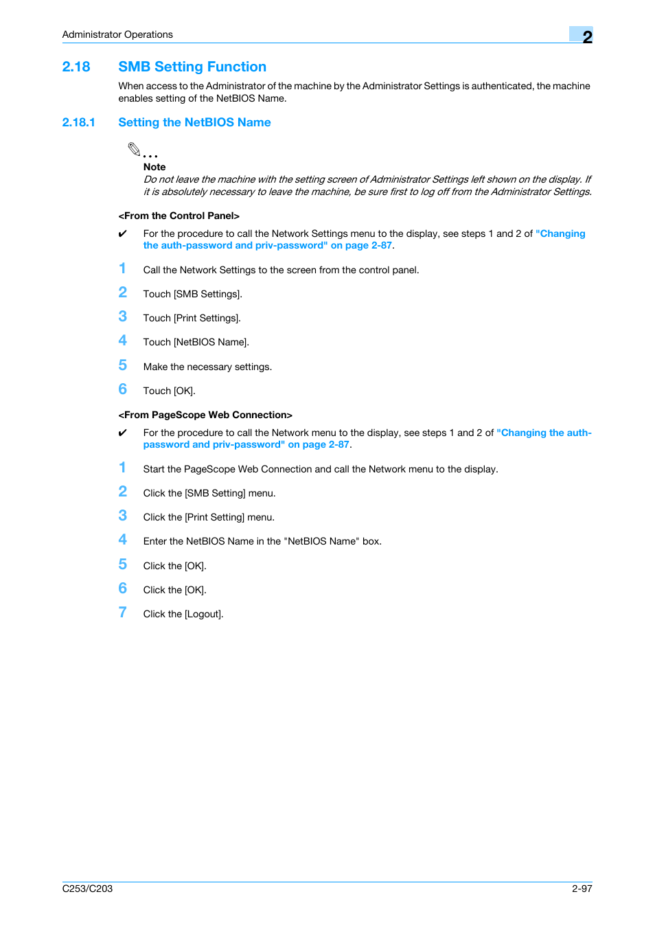 18 smb setting function, 1 setting the netbios name, From the control panel | Smb setting function -97 | Konica Minolta BIZHUB C253 User Manual | Page 112 / 186