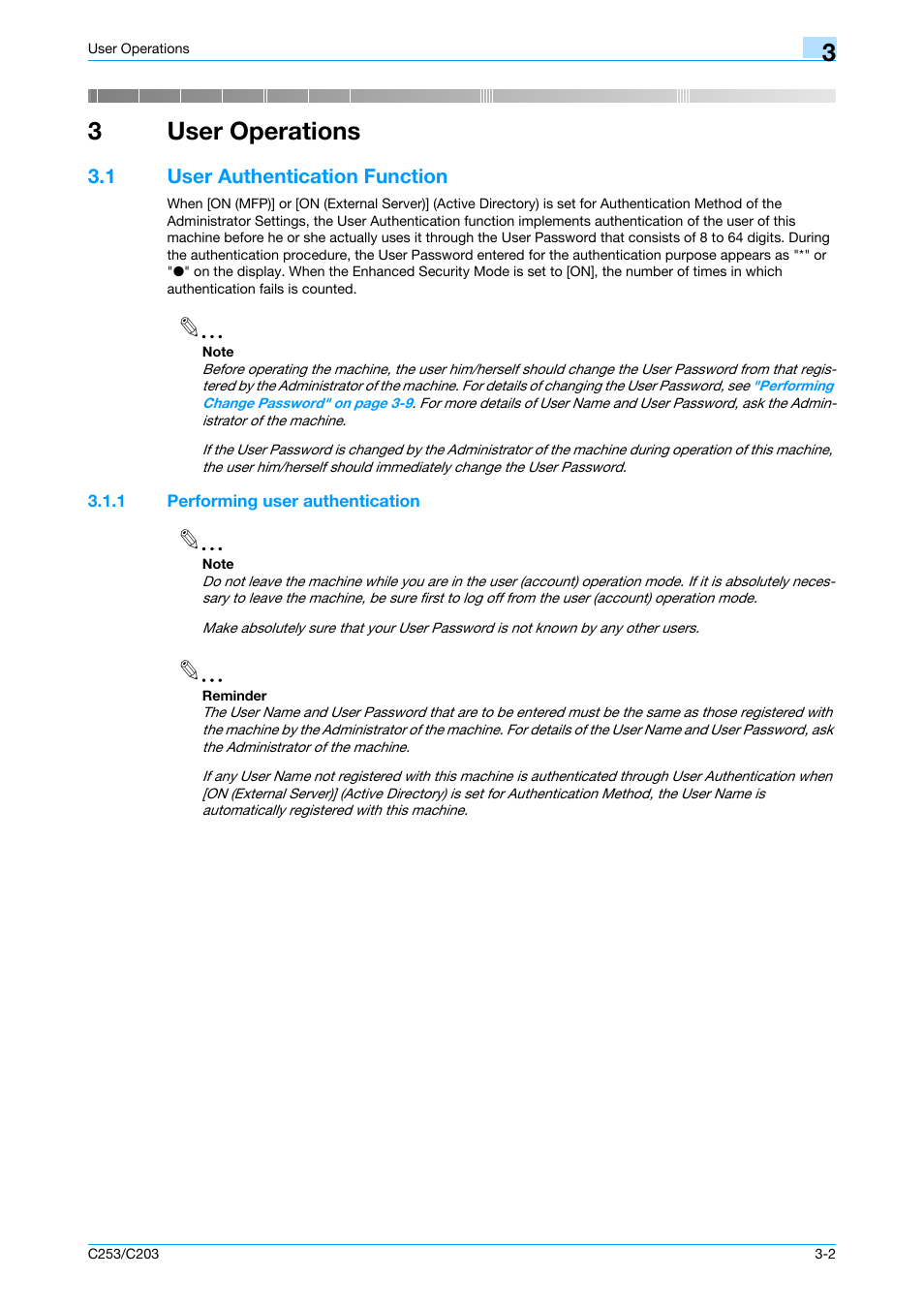 1 user authentication function, 1 performing user authentication, User operations | User authentication function -2, Performing user authentication -2, 3user operations | Konica Minolta BIZHUB C253 User Manual | Page 117 / 186