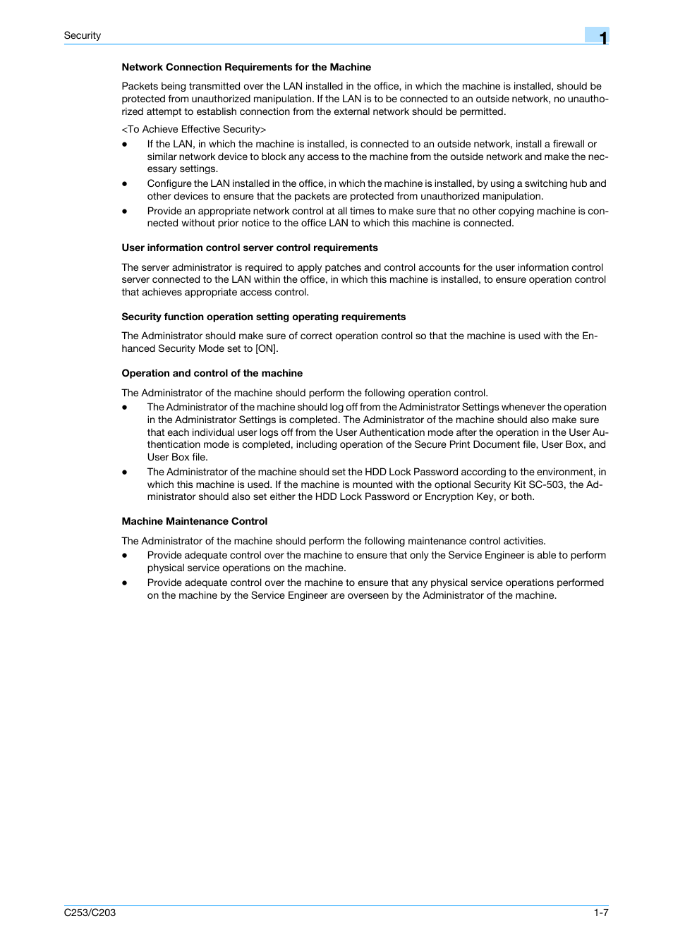 Network connection requirements for the machine, Operation and control of the machine, Machine maintenance control | Konica Minolta BIZHUB C253 User Manual | Page 12 / 186