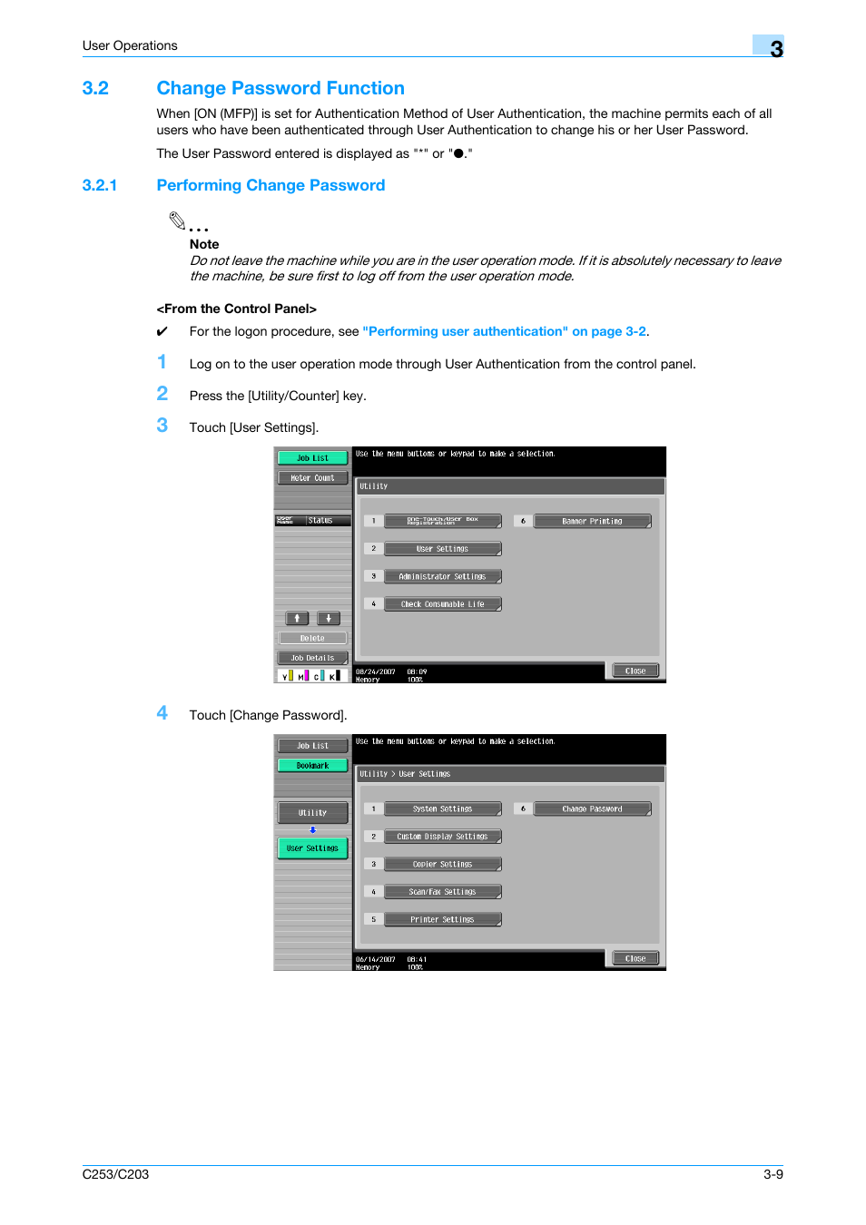 2 change password function, 1 performing change password, From the control panel | Change password function -9 | Konica Minolta BIZHUB C253 User Manual | Page 124 / 186