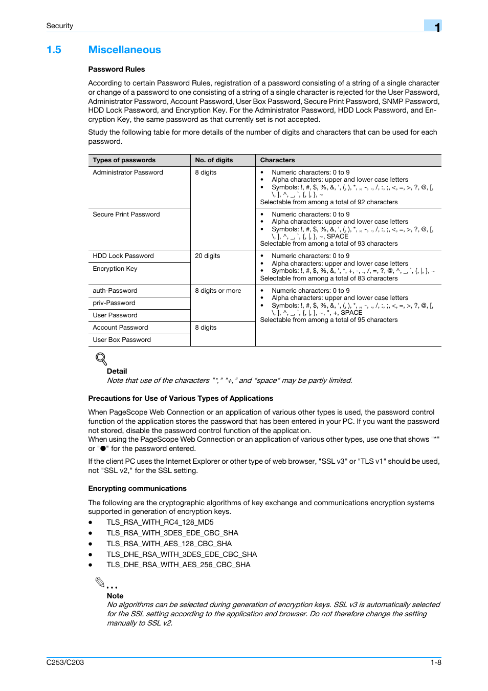 5 miscellaneous, Password rules, Encrypting communications | Konica Minolta BIZHUB C253 User Manual | Page 13 / 186