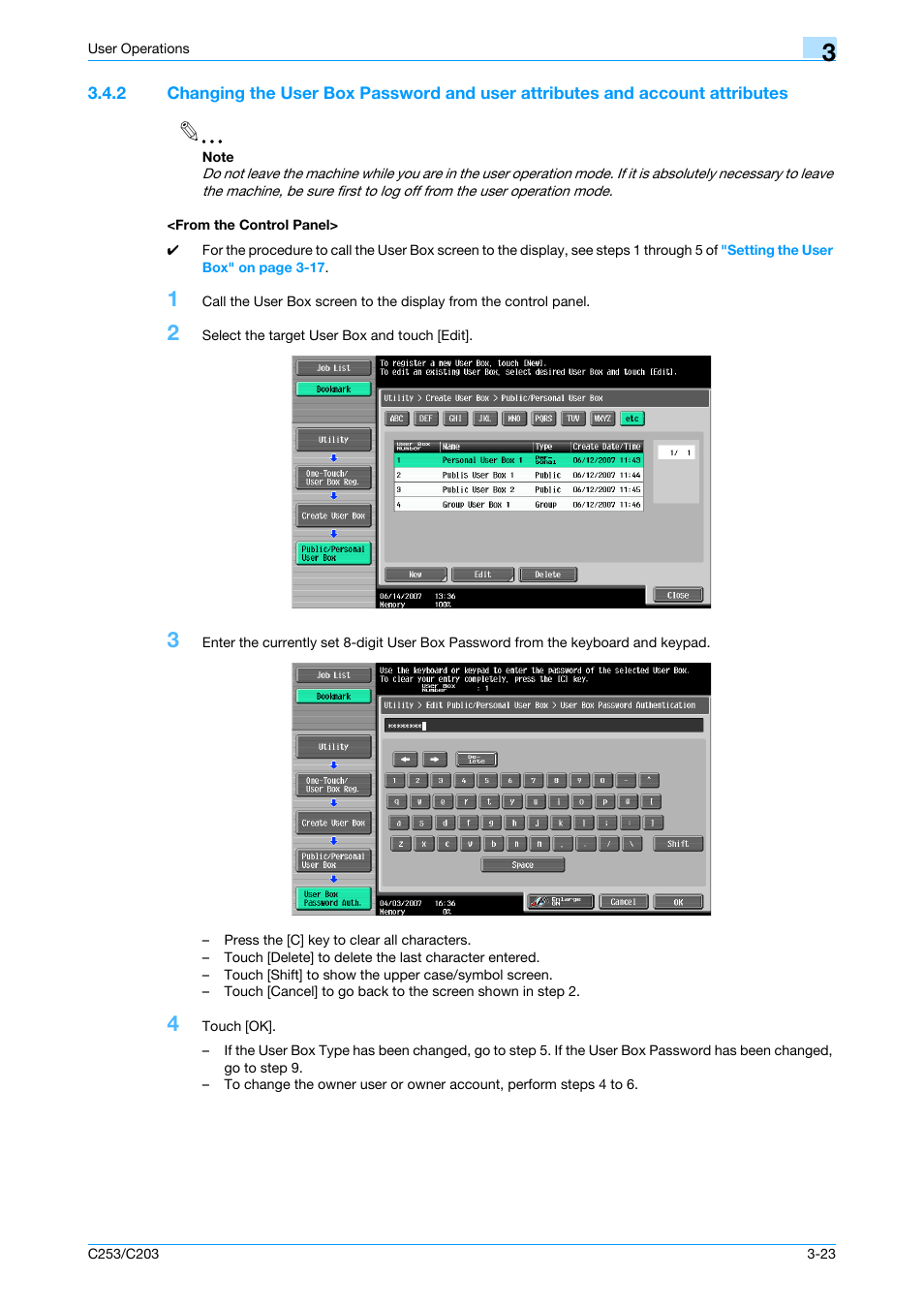 From the control panel, Changing the user box password and | Konica Minolta BIZHUB C253 User Manual | Page 138 / 186