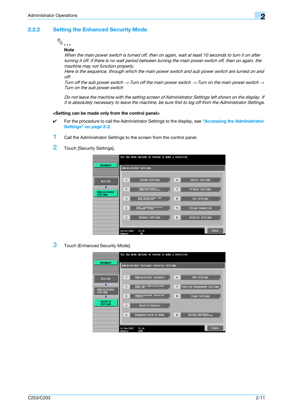 2 setting the enhanced security mode, Setting can be made only from the control panel | Konica Minolta BIZHUB C253 User Manual | Page 26 / 186