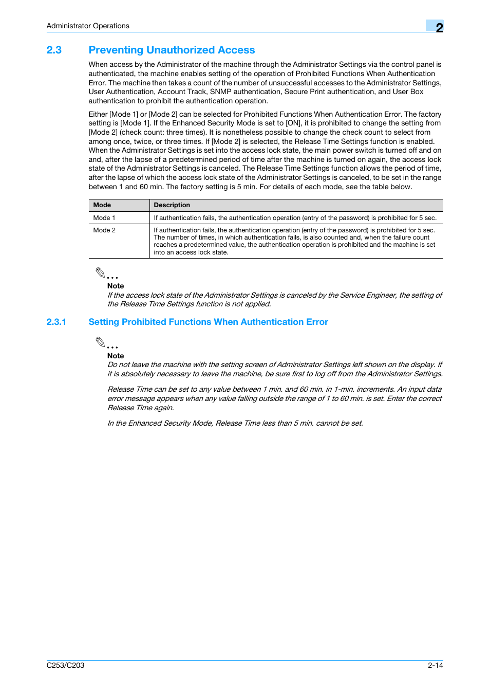 3 preventing unauthorized access, Preventing unauthorized access -14 | Konica Minolta BIZHUB C253 User Manual | Page 29 / 186