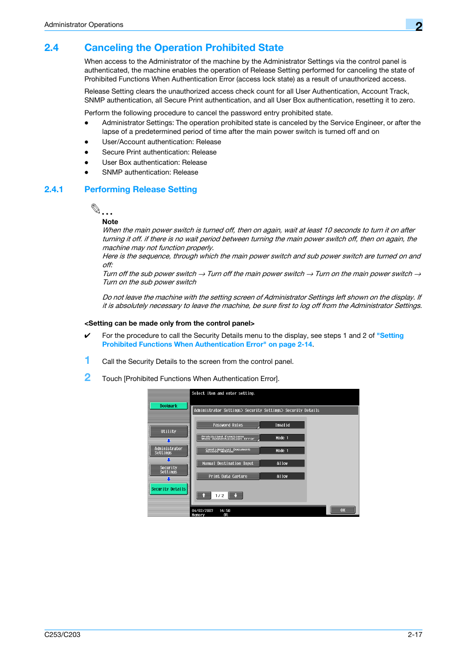 4 canceling the operation prohibited state, 1 performing release setting, Setting can be made only from the control panel | Canceling the operation prohibited state -17 | Konica Minolta BIZHUB C253 User Manual | Page 32 / 186