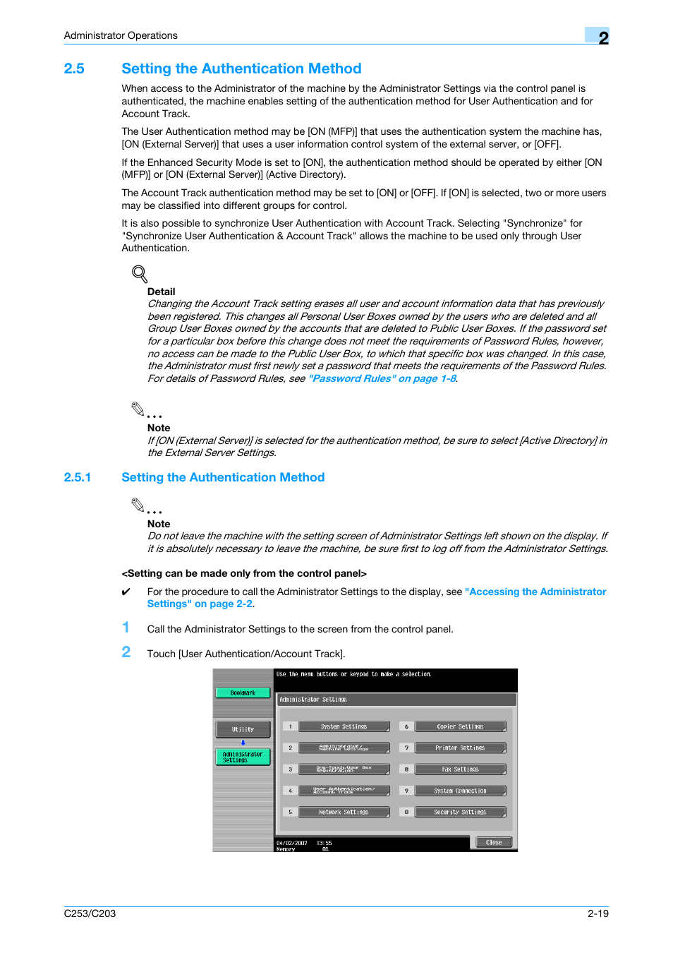 5 setting the authentication method, 1 setting the authentication method, Setting can be made only from the control panel | Setting the authentication method -19 | Konica Minolta BIZHUB C253 User Manual | Page 34 / 186