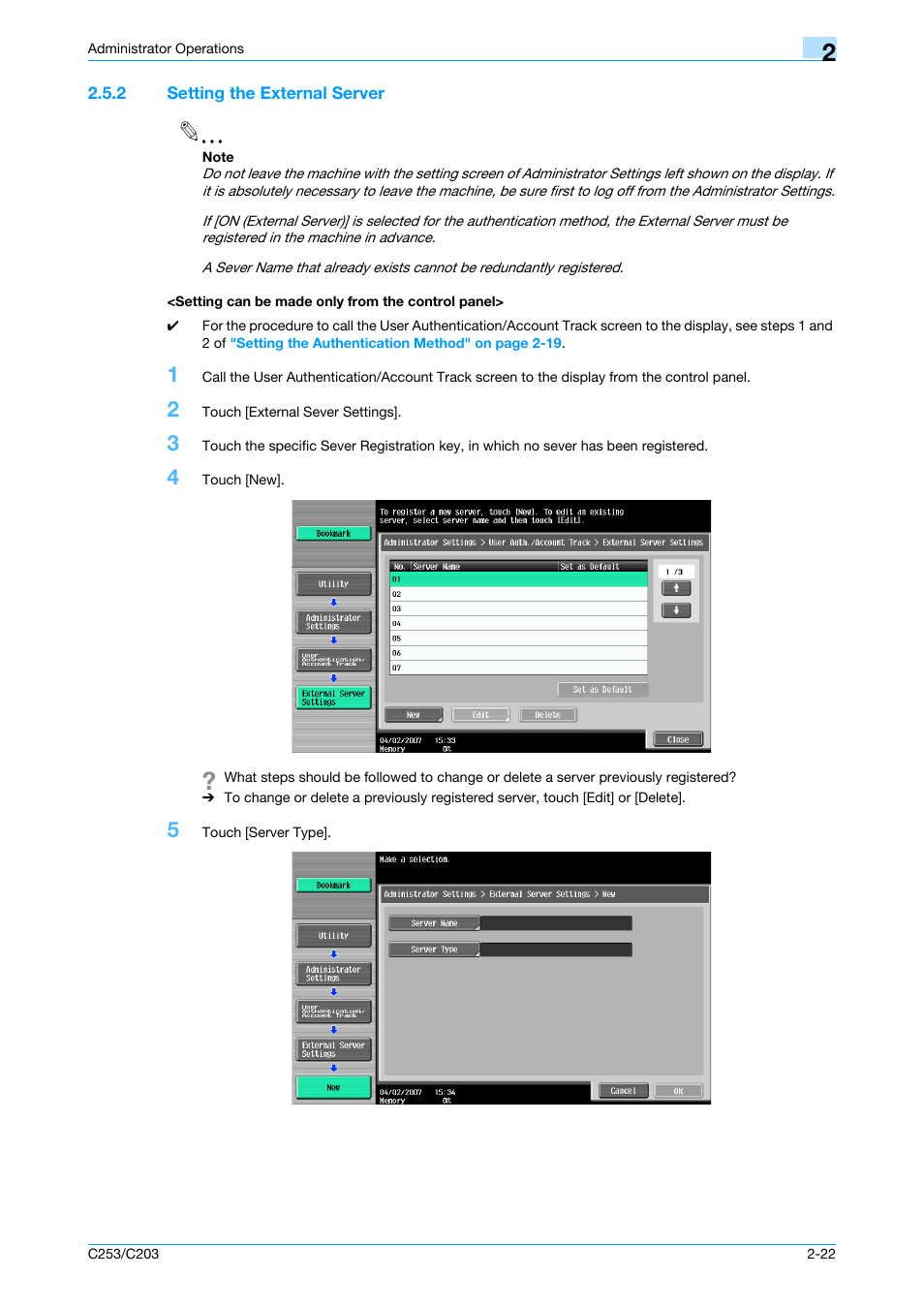2 setting the external server, Setting can be made only from the control panel | Konica Minolta BIZHUB C253 User Manual | Page 37 / 186