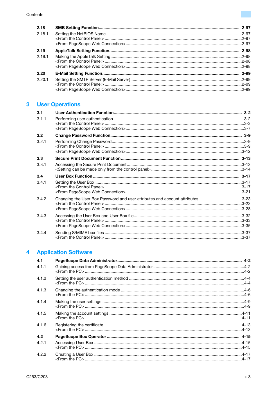 3user operations, 4application software | Konica Minolta BIZHUB C253 User Manual | Page 4 / 186