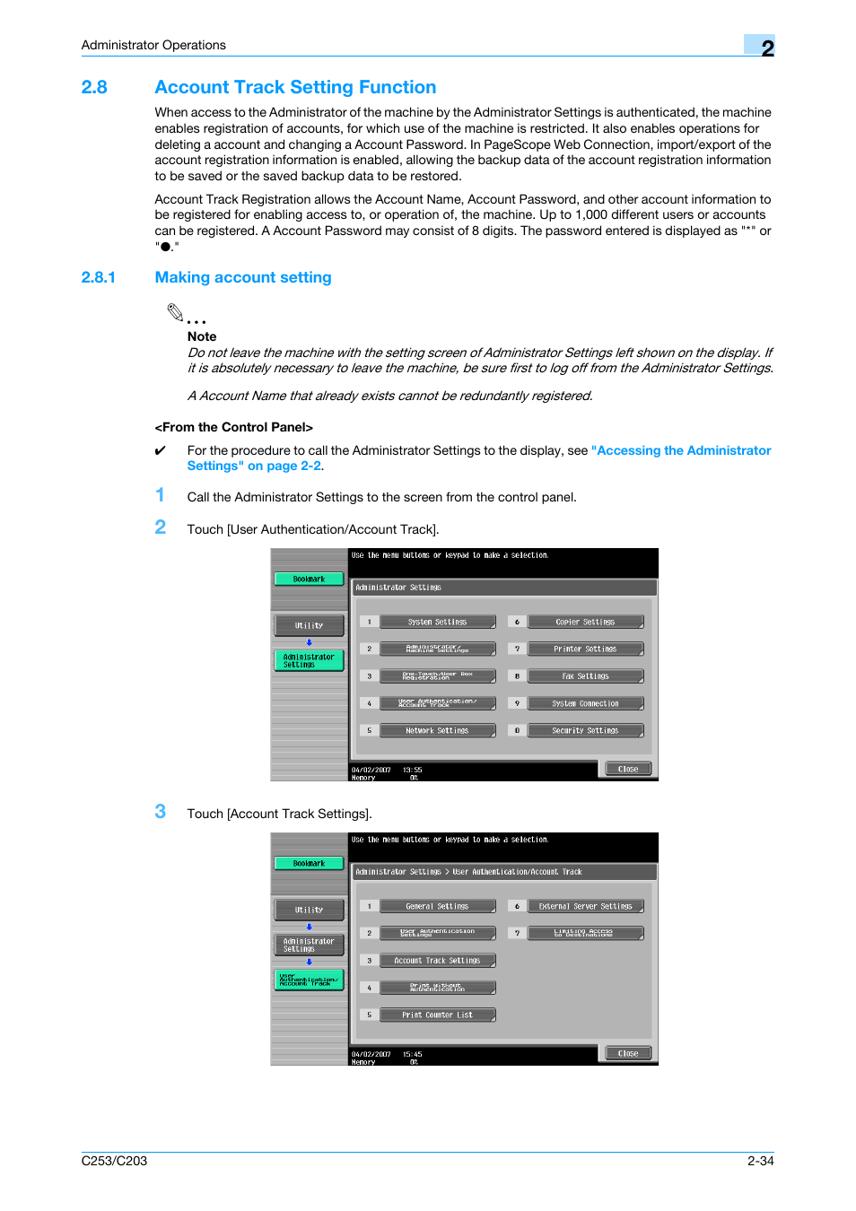 8 account track setting function, 1 making account setting, From the control panel | Account track setting function -34 | Konica Minolta BIZHUB C253 User Manual | Page 49 / 186