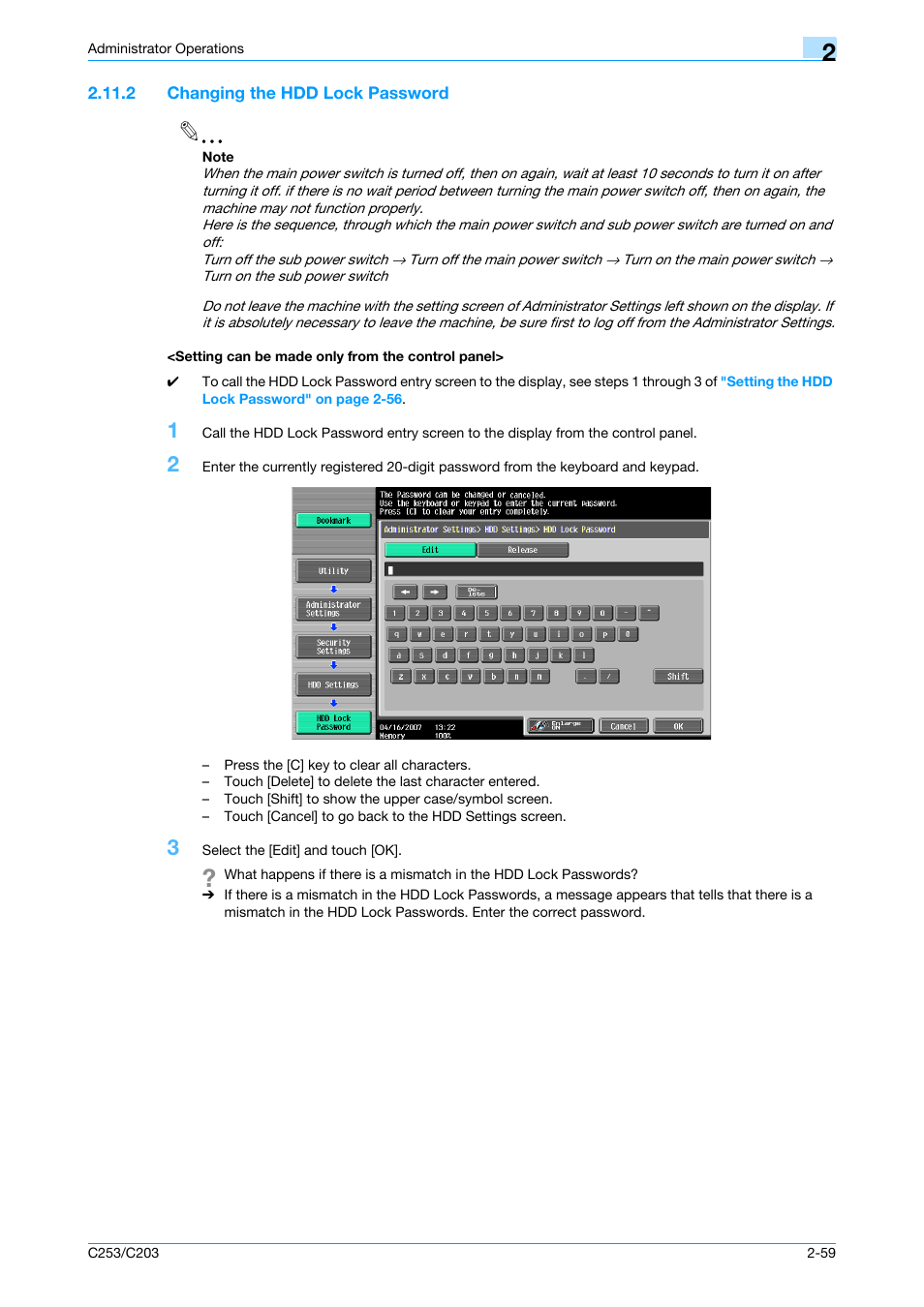 2 changing the hdd lock password, Setting can be made only from the control panel | Konica Minolta BIZHUB C253 User Manual | Page 74 / 186