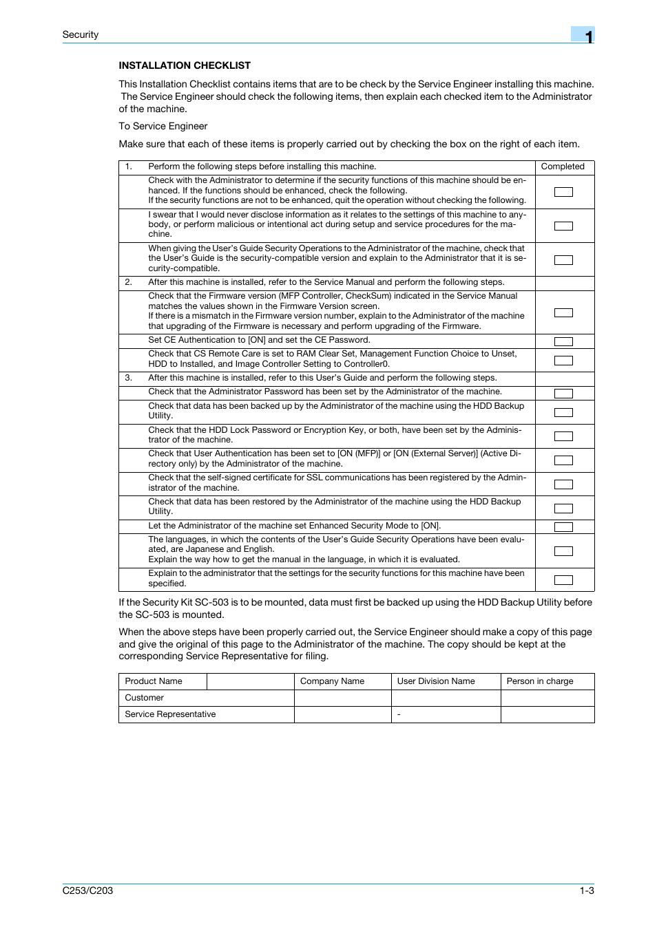 Installation checklist, Installation checklist -3 | Konica Minolta BIZHUB C253 User Manual | Page 8 / 186