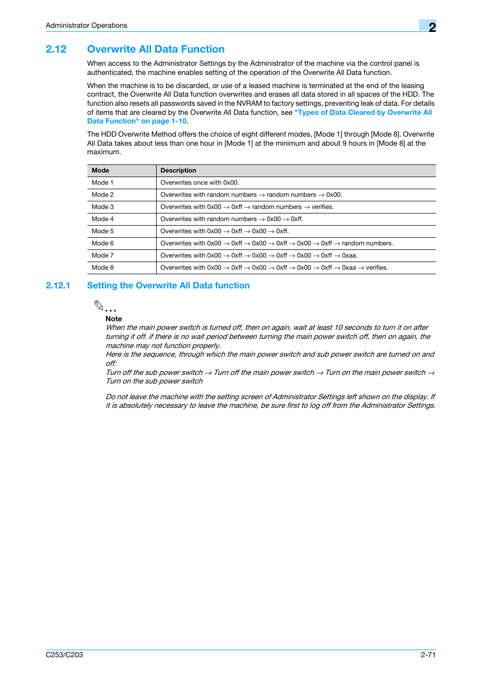 12 overwrite all data function, 1 setting the overwrite all data function, Overwrite all data function -71 | Setting the overwrite all data function -71 | Konica Minolta BIZHUB C253 User Manual | Page 86 / 186