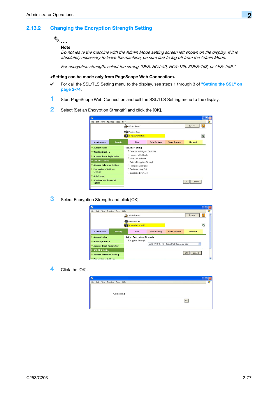 2 changing the encryption strength setting | Konica Minolta BIZHUB C253 User Manual | Page 92 / 186