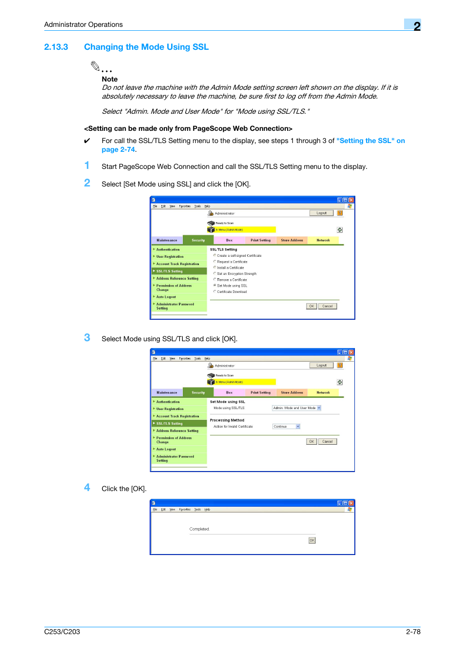 3 changing the mode using ssl | Konica Minolta BIZHUB C253 User Manual | Page 93 / 186