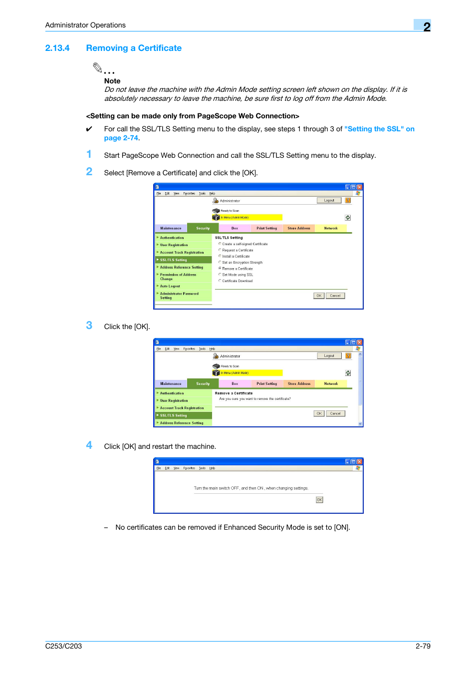 4 removing a certificate | Konica Minolta BIZHUB C253 User Manual | Page 94 / 186